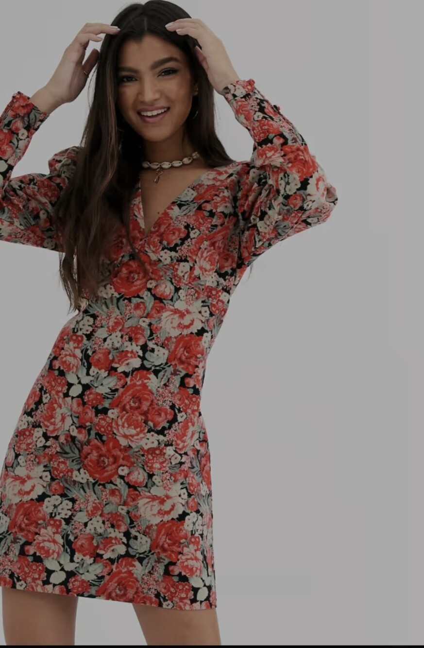 FREE PEOPLE NWT CORDUROY PUFF SLEEVE FLORAL V NECK MINI DRESS